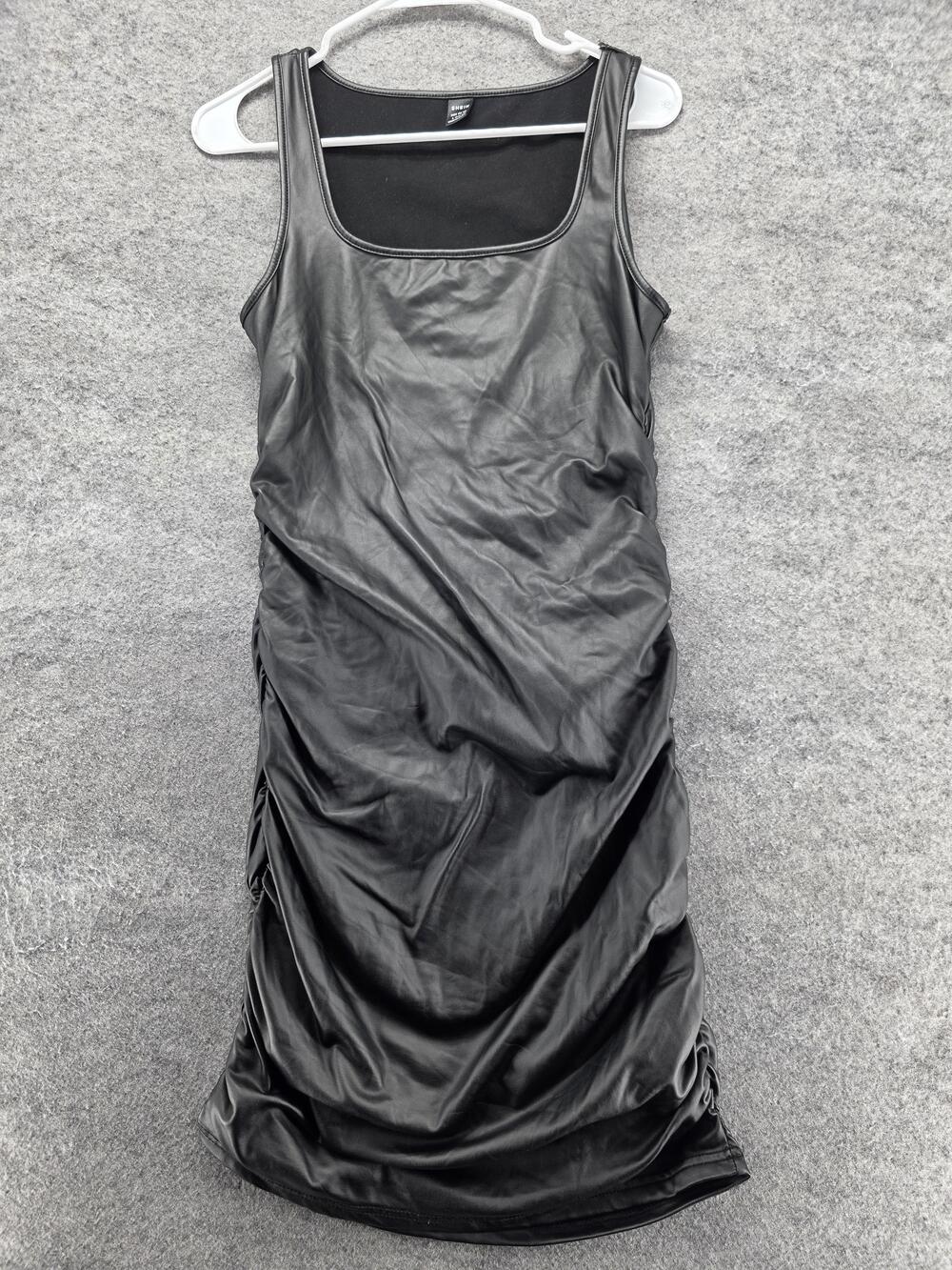 SheIn Dress Womens L Black Bodycon Tank Midi Ruched Square Neck Strap Sleeveless